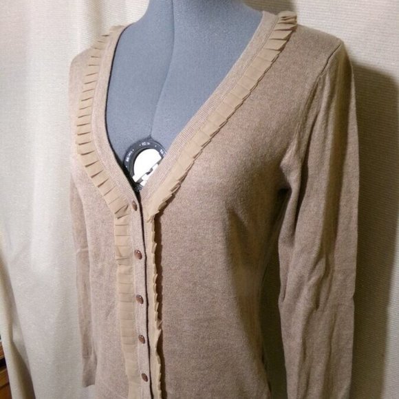 MERONA Cardigan sweater S Warm Brown Pleated V-neck ruffles Tight-knit Long slv - Picture 5 of 9